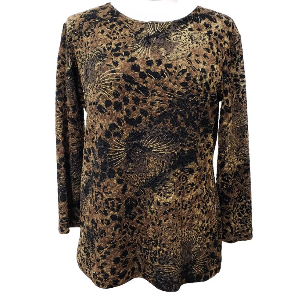 Nygard Black Brown Gold Stretch Top Cat Print M, 10-12